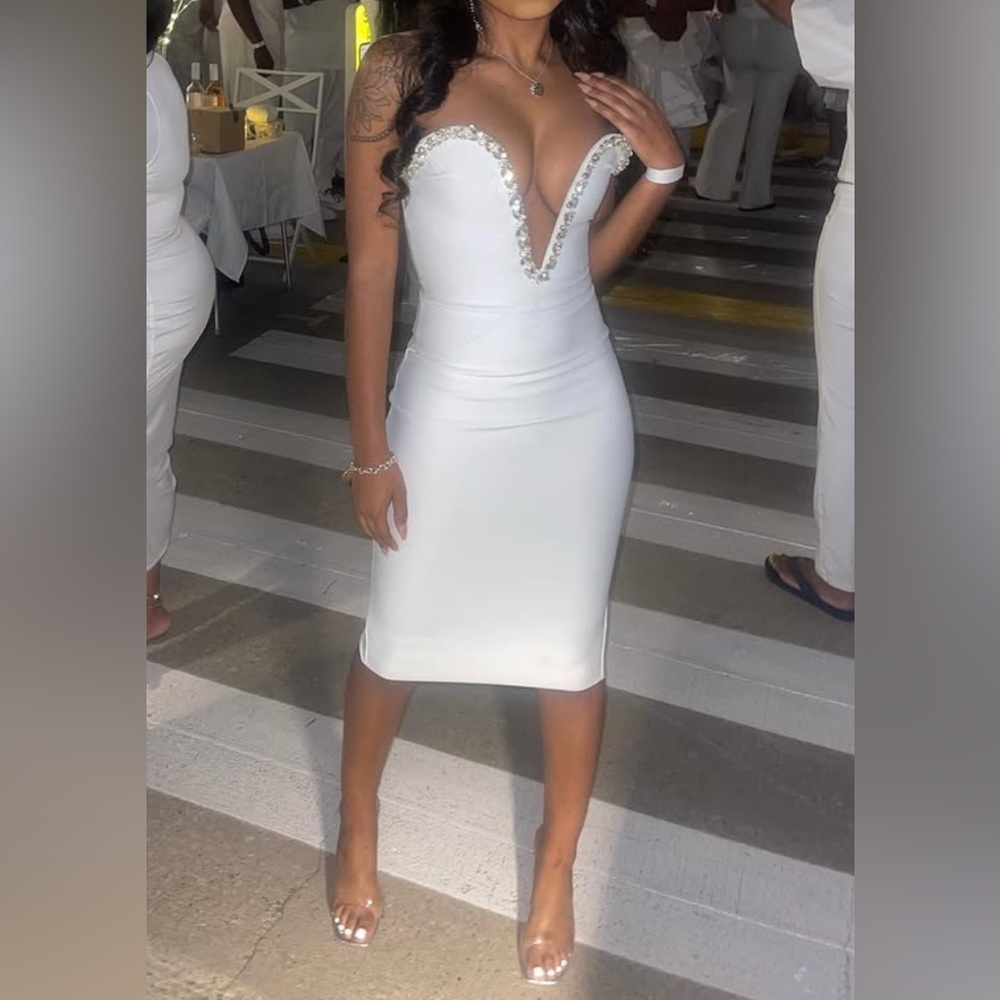 Bardot Eleni Diamanté Strapless Sweetheart side slit midi Dress